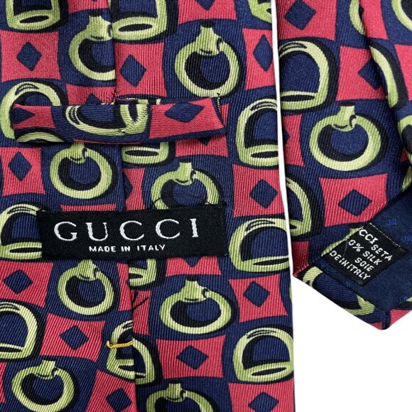 Gucci Silk Tie Italy Made Vintage Horsebit Pink Blue Geometric Horse Equestrian - Picture 5 of 9